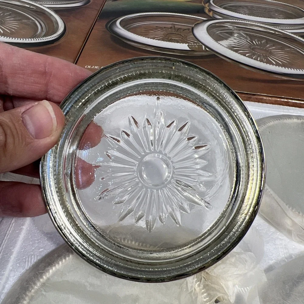Olde Chelsea Silversmiths Silver plated Glass Coasters Set Of 8 Open Box - Read!